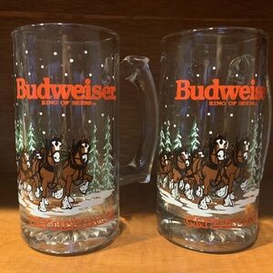 Budweiser Beer Stein Mug Vintage Pair Glass Clydesdales Horses Christmas Bud